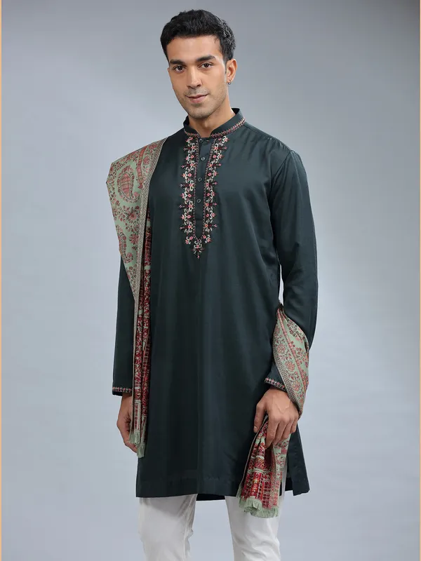 Bottle green cotton silk kurta pajama