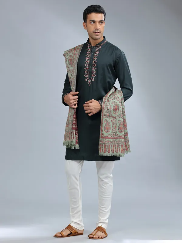 Bottle green cotton silk kurta pajama