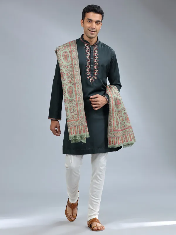 Bottle green cotton silk kurta pajama