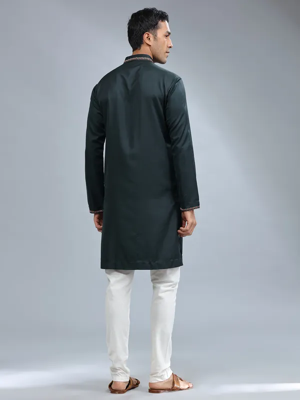 Bottle green cotton silk kurta pajama