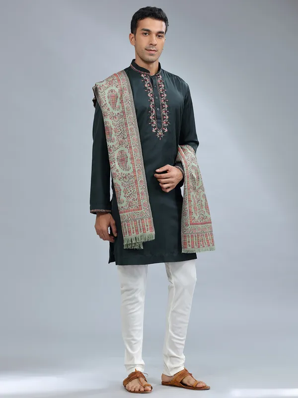 Bottle green cotton silk kurta pajama