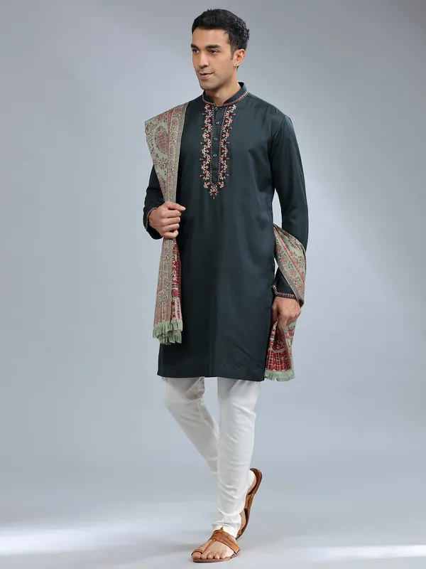 Bottle green cotton silk kurta pajama