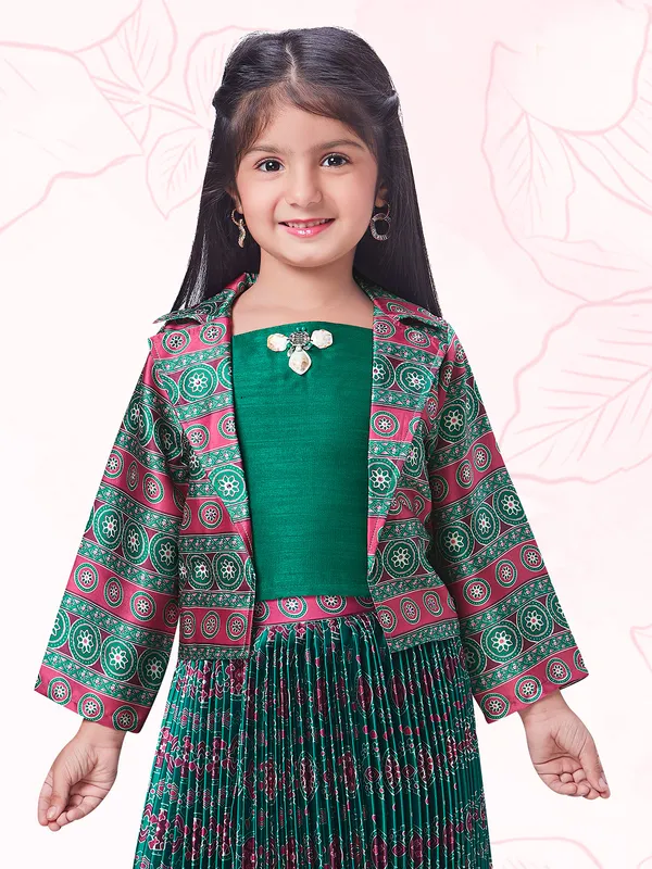 Bottle green crape silk printed lehenga choli