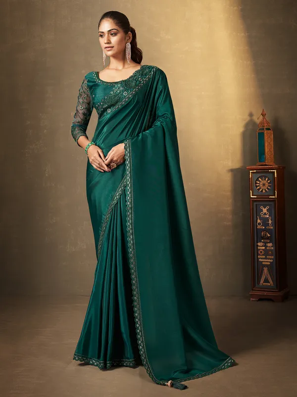 Bottle green crepe saree