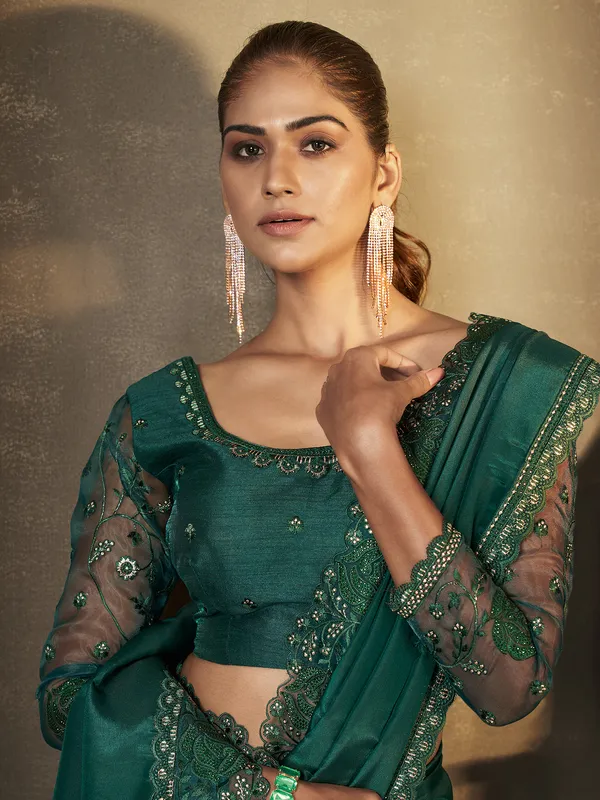 Bottle green crepe saree