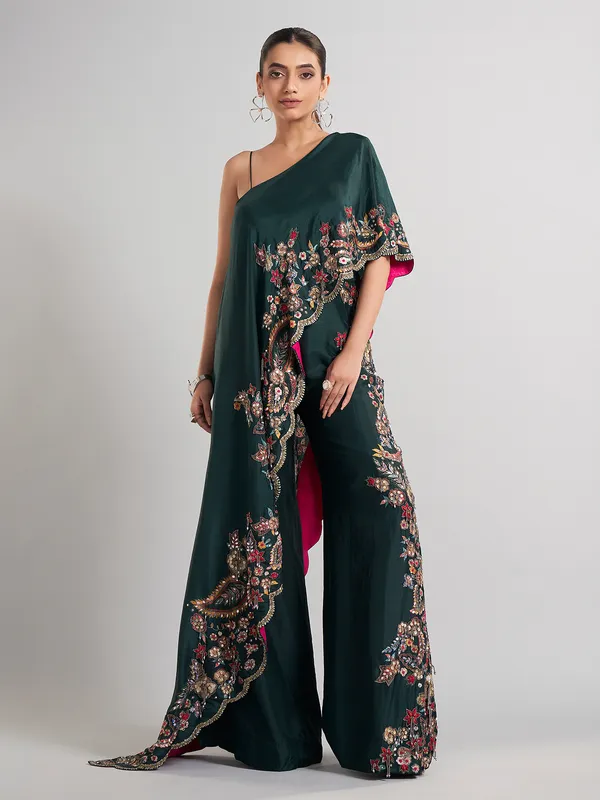 Bottle green designer silk palazzo suit