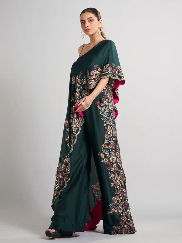 Bottle green designer silk palazzo suit