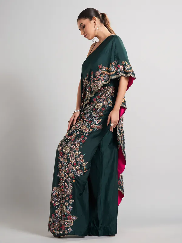 Bottle green designer silk palazzo suit