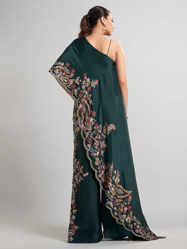 Bottle green designer silk palazzo suit