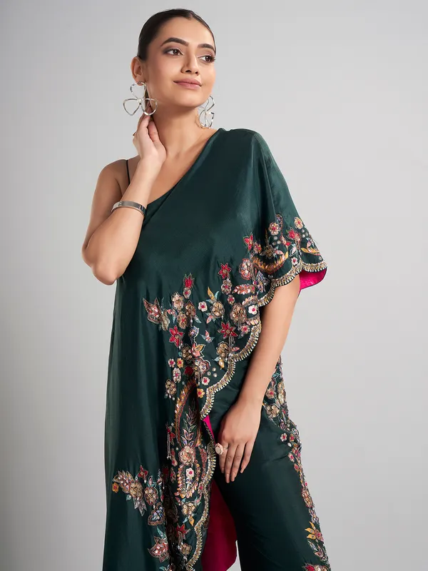 Bottle green designer silk palazzo suit