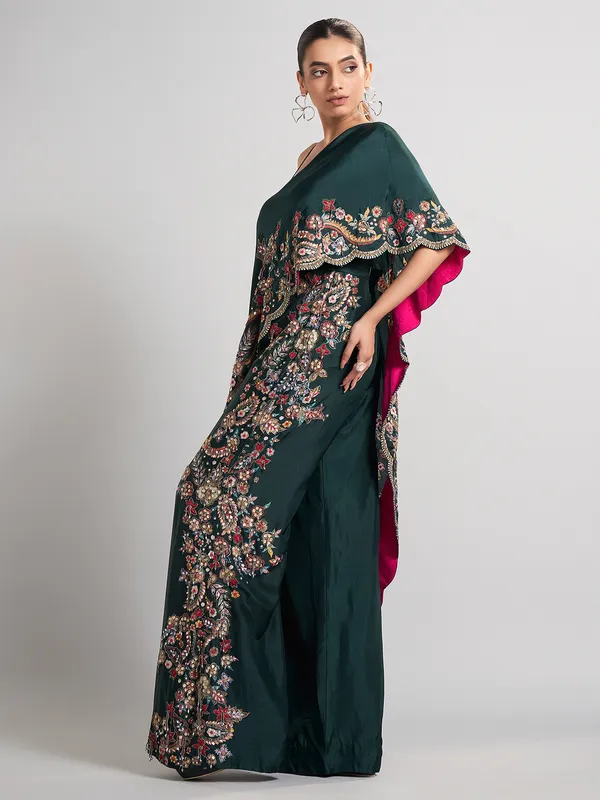Bottle green designer silk palazzo suit