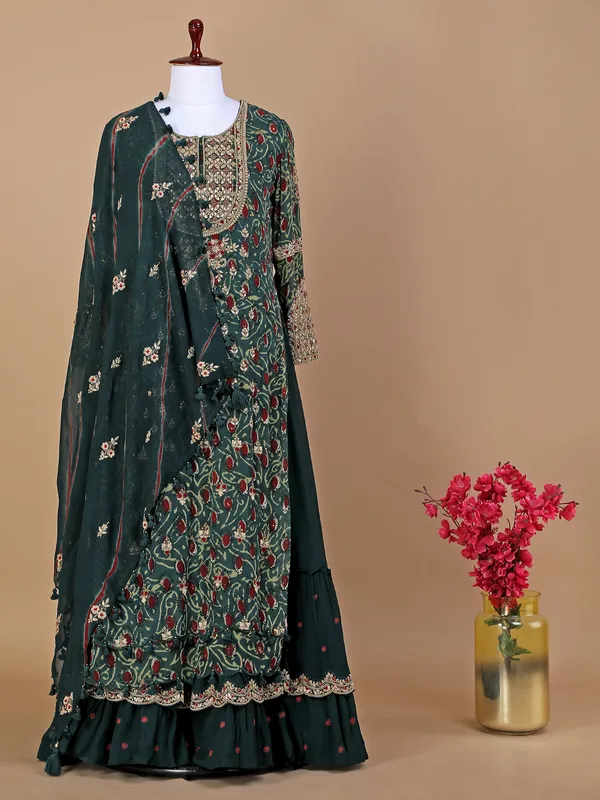 Bottle green georgette printed floor length suit