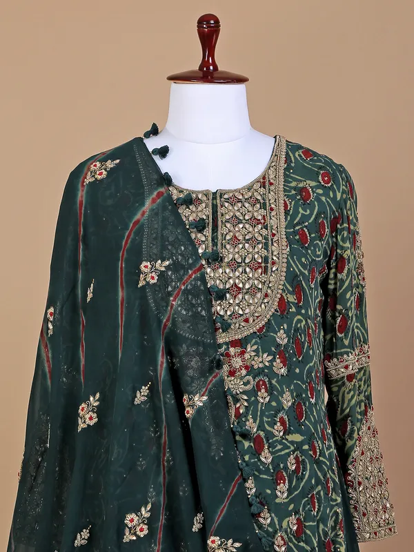 Bottle green georgette printed floor length suit