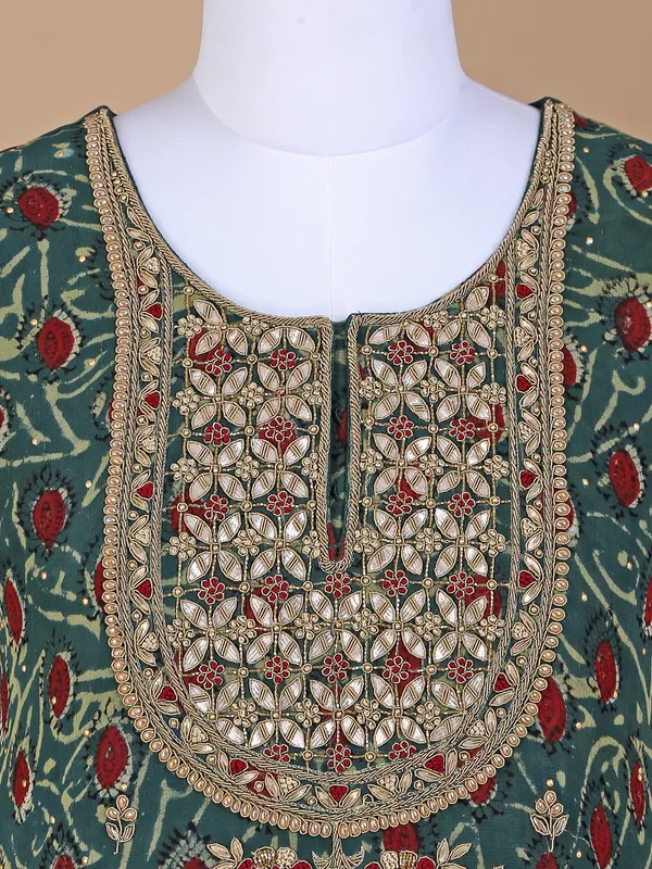 Bottle green georgette printed floor length suit