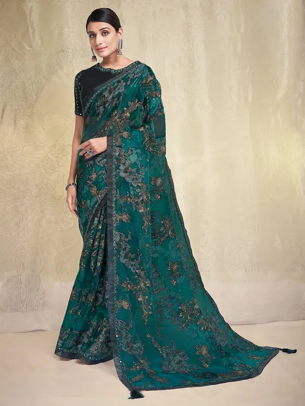 Bottle green organza printed saree