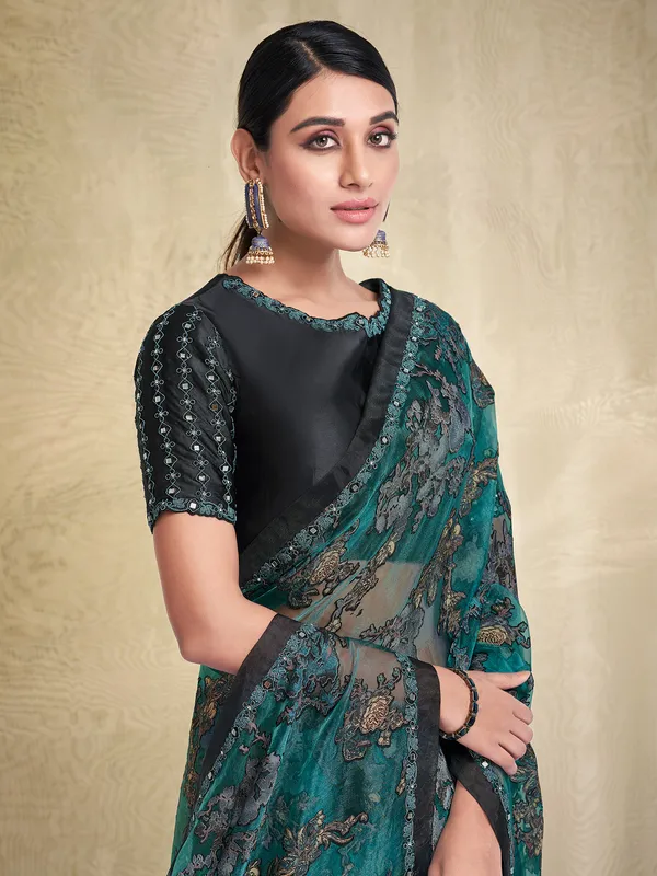 Bottle green organza printed saree