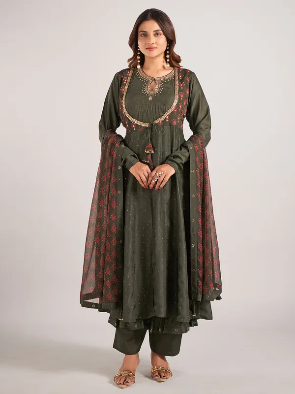 Bottle green printed cotton silk salwar suit