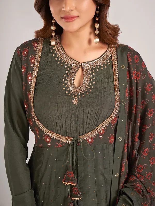 Bottle green printed cotton silk salwar suit