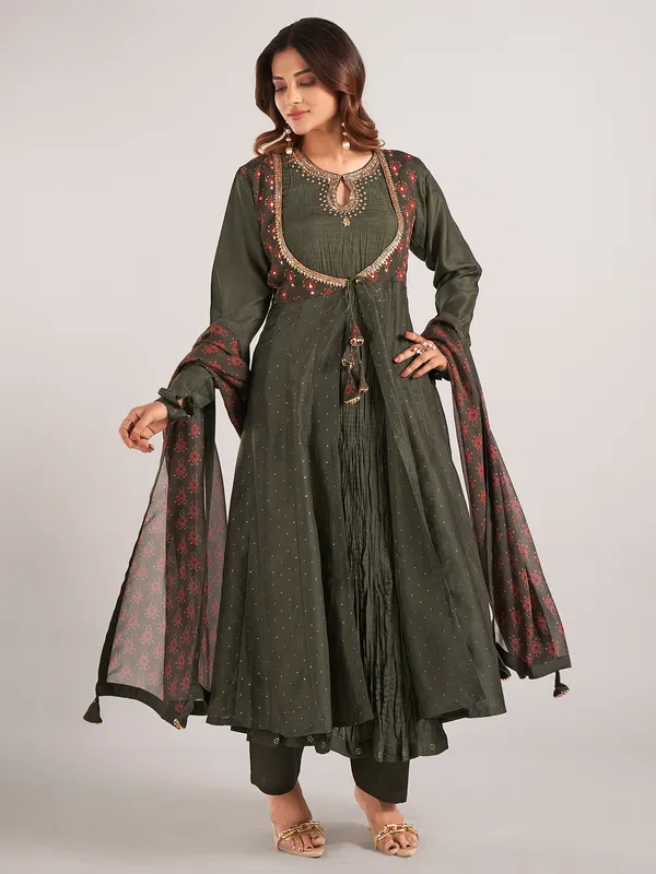 Bottle green printed cotton silk salwar suit