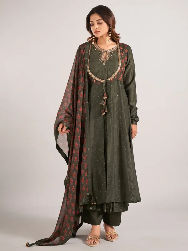 Bottle green printed cotton silk salwar suit