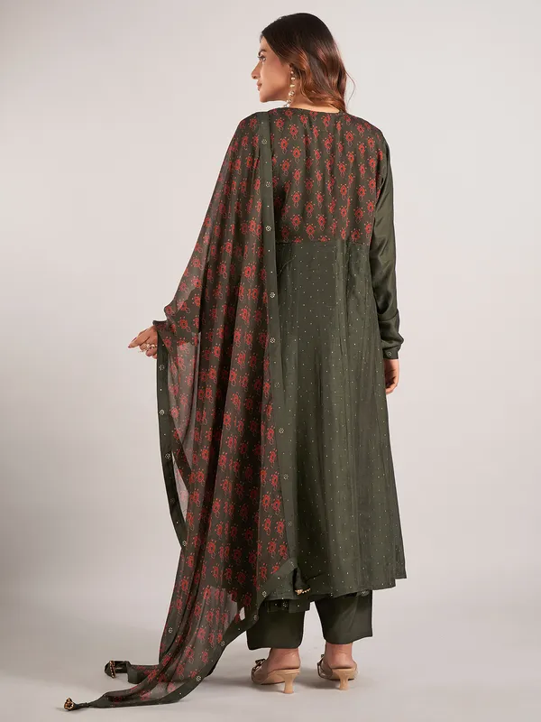Bottle green printed cotton silk salwar suit