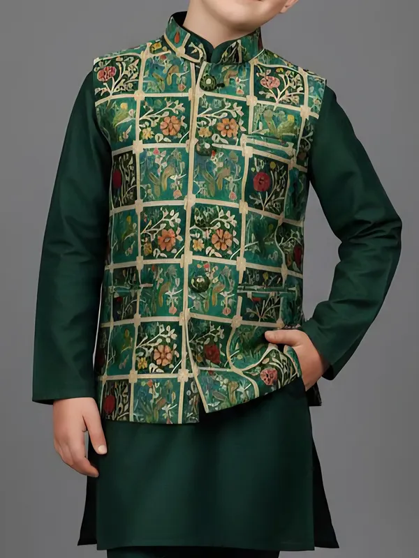 Bottle green printed semi silk waistcoat set