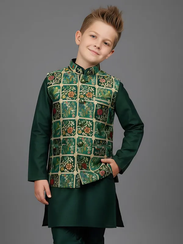 Bottle green printed semi silk waistcoat set