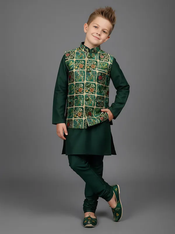 Bottle green printed semi silk waistcoat set