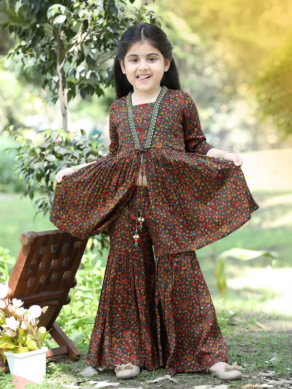 Bottle green printed sharara suit