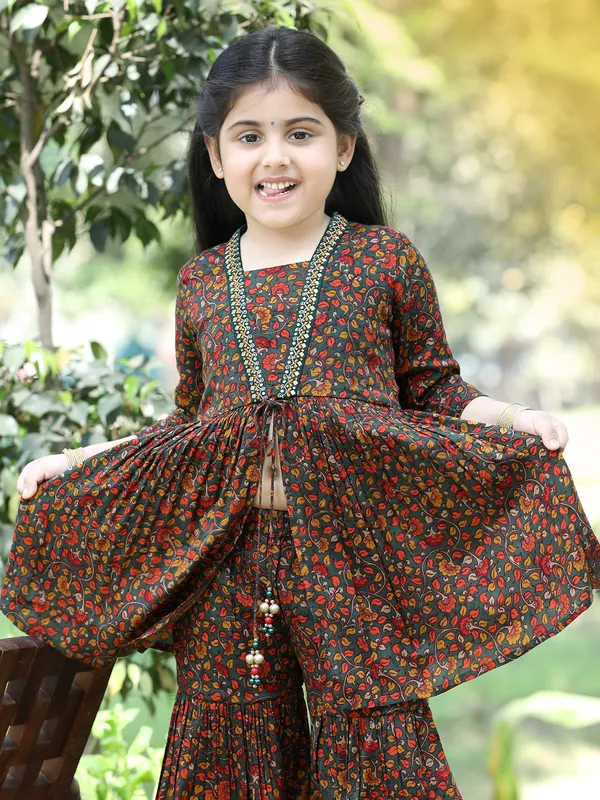 Bottle green printed sharara suit