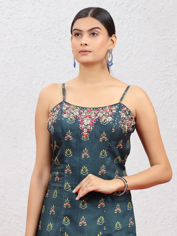 Bottle green printed silk sharara suit