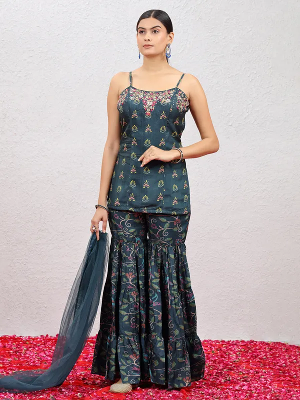 Bottle green printed silk sharara suit