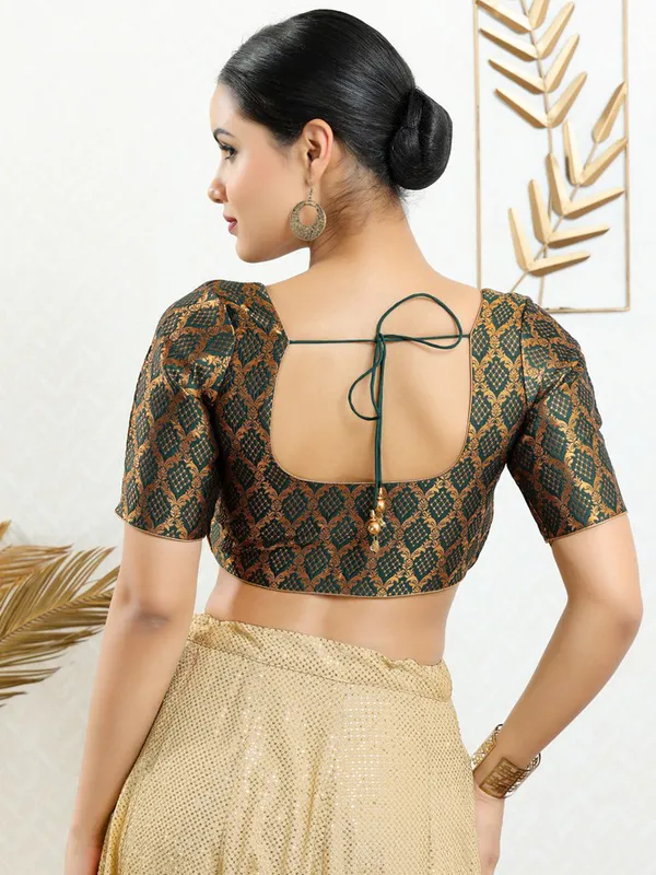 Bottle green ready made blouse in jacquard