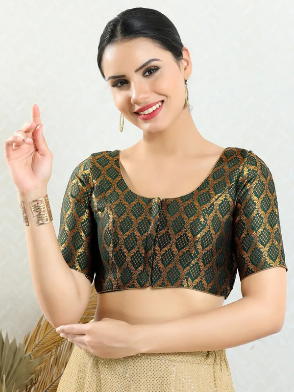 Bottle green ready made blouse in jacquard