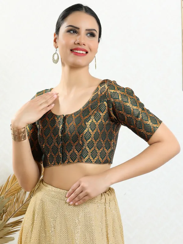 Bottle green ready made blouse in jacquard