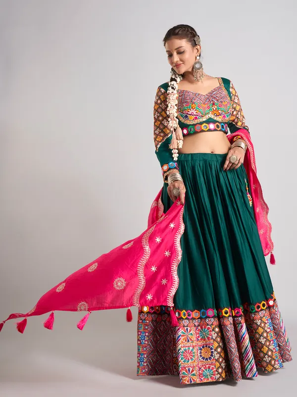 Bottle green resham embellished chaniya choli