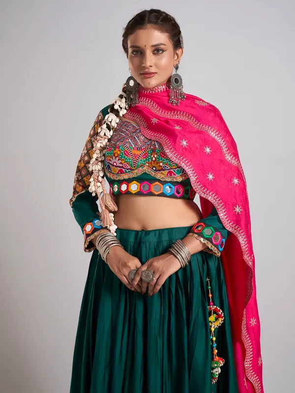 Bottle green resham embellished chaniya choli