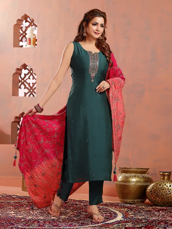 Bottle green salwar suit with contrast dupatta
