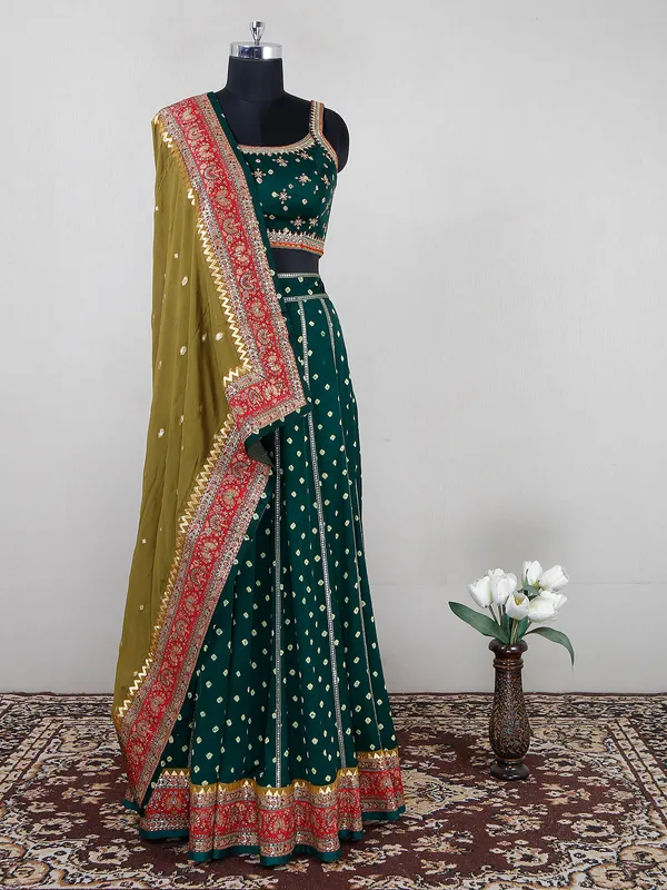 Bottle green satin lehenga choli for wedding