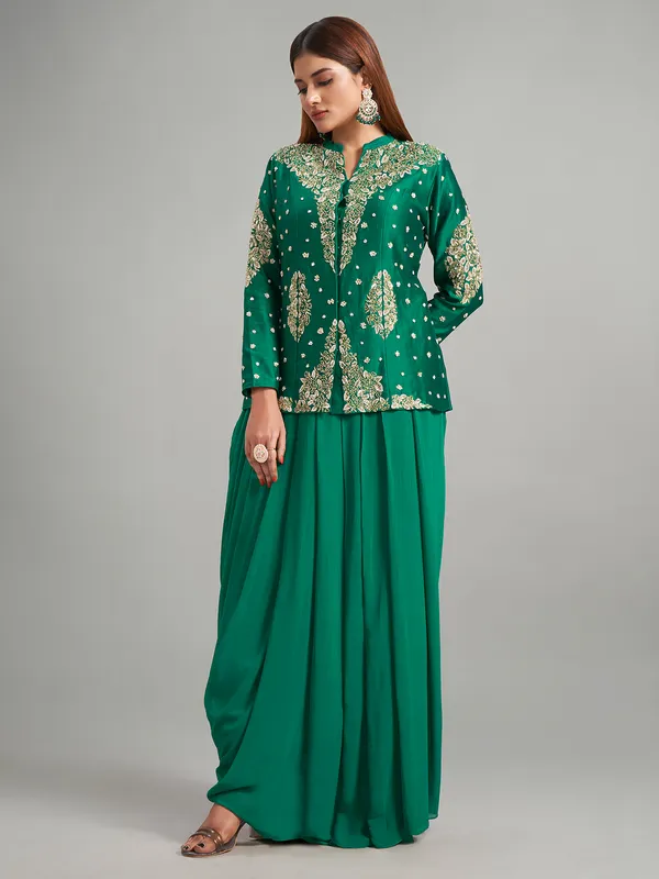 Bottle green silk indowestern suit