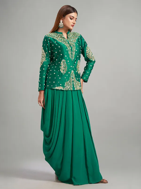 Bottle green silk indowestern suit