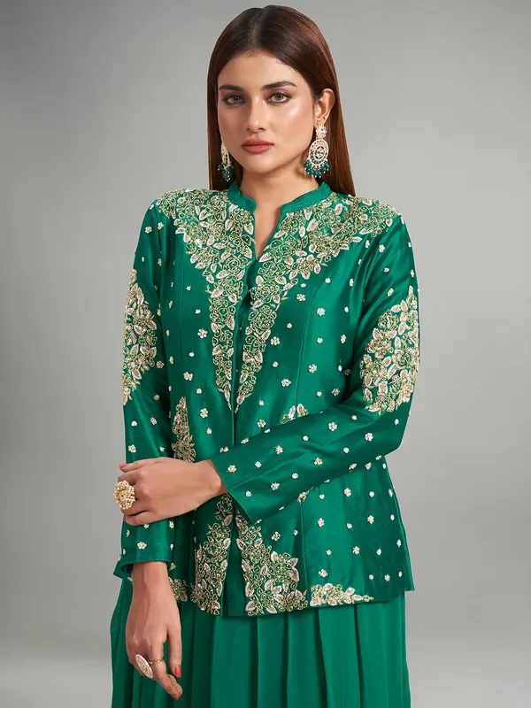 Bottle green silk indowestern suit