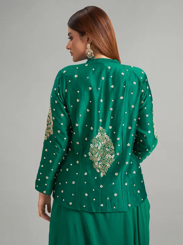 Bottle green silk indowestern suit