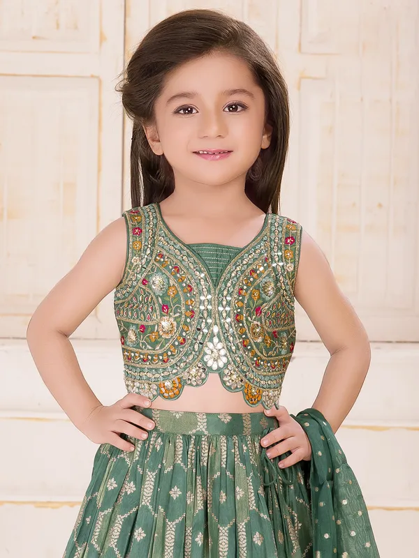 Bottle green silk lehenga choli for girls