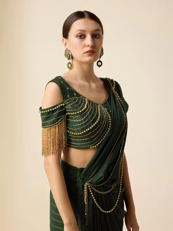 Bottle green silk pre-drape saree