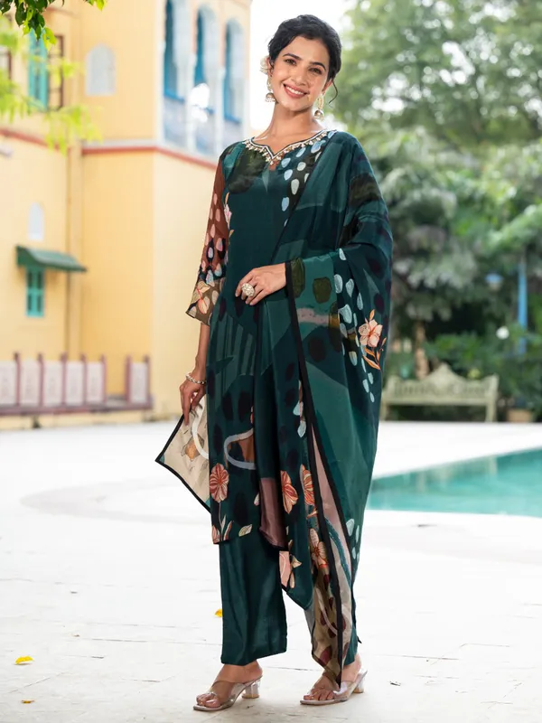 Bottle green silk printed kurti set