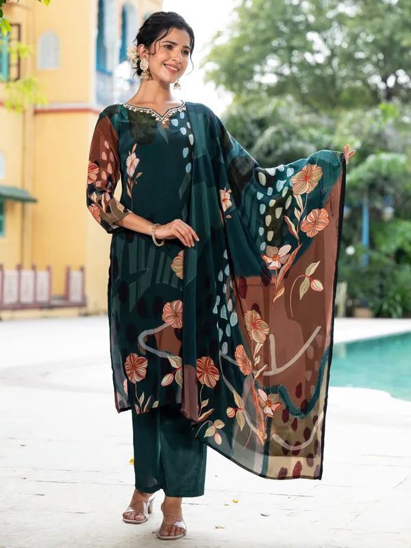 Bottle green silk printed kurti set