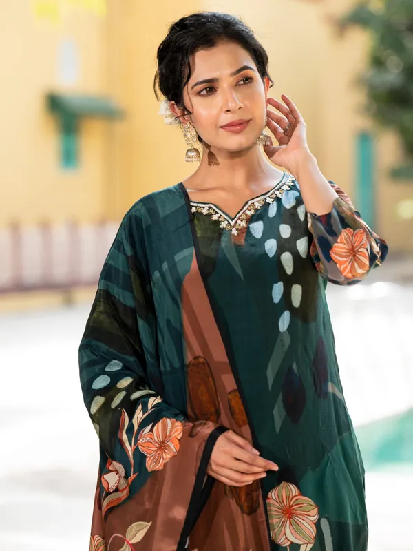 Bottle green silk printed kurti set
