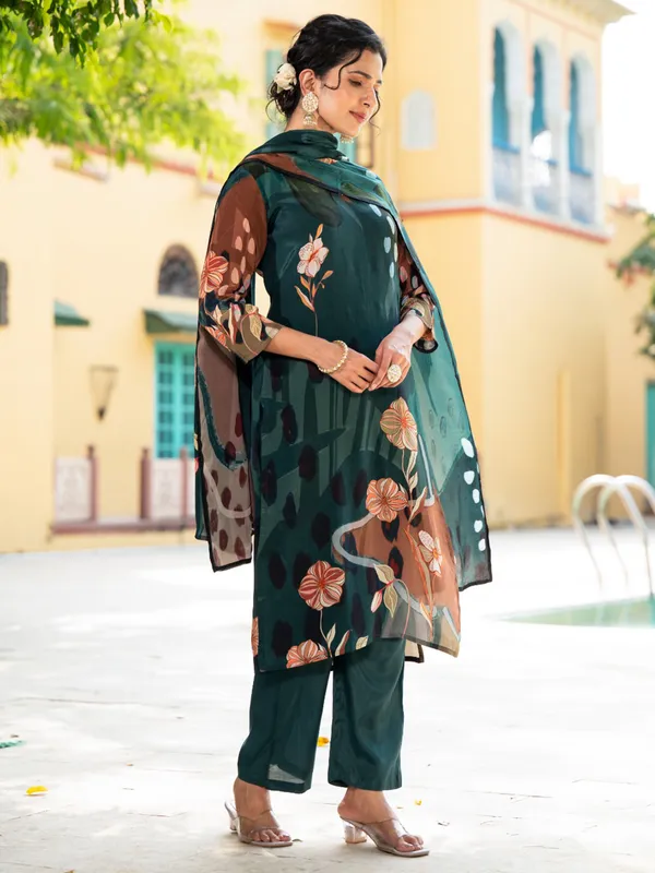 Bottle green silk printed kurti set