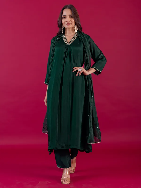 Bottle green silk salwar suit for women